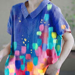 Women Pink Peter Pan Collar Patchwork Summer Ramie Shirts Short Sleeve