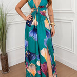 Seinah Floral Print Cutout Waist Open Back Lace-up Slit Maxi Dress