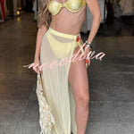 Colored Stones Detail Straps Elastic Bikini and Tulle Lace-up Waist Cover-up Maxi Skirt Three-piece Set