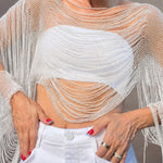 Sparkling Rhinestone Embellished Drape Tassel Batwing Sleeve Loose Crop Cover-up