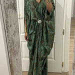 Airy Satin Unique Print V-neck Gemstone Embellished Drape Robe Maxi Dress