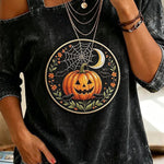 Cozy Fall Vibes Black Cat Print Off-Shoulder Halloween Top