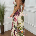 Seinah Floral Print Cutout Waist Open Back Lace-up Slit Maxi Dress