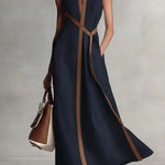 Linen Blend Color-blocked Edging V-neck Sleeveless Loose Maxi Dress