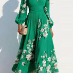 Floral Print V-neck Long-sleeved Fitted Waist Casual Maxi Dress