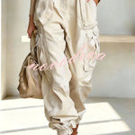 Street Style Solid Color High Waist Pocketed Loose Fit Cargo Pants