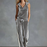 V-neck Hooded Sleeveless Top And Pants Velvet Set