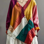 Colorblock Patchwork Linen Loose Blouses Asymmetrical Summer