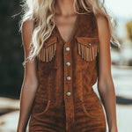 【24-hour shipping out】Vintage Western Tassel Brown Suede Vest Shorts Jumpsuit