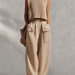 Casual Breathable Urban Style Beige Knitted Top And Cotton Pants Set