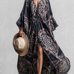 Elegant And Flowing Retro Print V-neck Dark Blue Chiffon Slit Maxi Dress