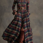 Retro Ethnic Style Lapel Reddish Brown Plaid Maxi Dress