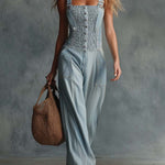 Retro Personality Light Blue Distressed Denim Overalls Jumpsuit