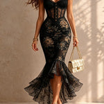 Black Romantic Floral Midi Mermaid Dress with Lace Trim