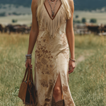 Bohemian V-Neck Fringe Sleeveless Printed Faux Suede Midi Dress