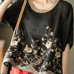Organic Black Embroidered Low High Design Linen Tanks Short Sleeve