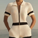 【24-hour shipping out】Breathable Fashion Front Zipper Short Sleeve Knit Shorts Jumpsuit