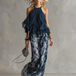 Elegant Urban Navy Blue Printed Wide-leg Pants