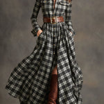 Retro Ethnic Style Lapel Reddish Brown Plaid Maxi Dress