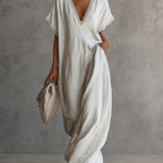 Casual Bohemian Urban V-neck Short-sleeved Lace Trim White Cotton Maxi Dress