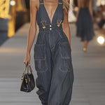 Fashion Personality Loose V-neck Suspender Denim Jumpsuit