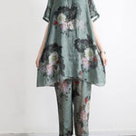 2025 New Loose Green Print Short Sleeve Shirt Casual Pants Linen Set