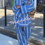Althea Striped Print Lace-up Neck Long Sleeve Top and Elastic Waist Pocket Lantern Pants Set