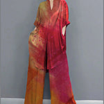 Boho Red Peter Pan Collar shirt wide leg pants Satin Two Pieces Set Spring