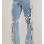 Western Cowgirl Denim High Rise Side Tassels Trim Pocket Flare Jeans