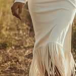 Vintage Western Cowboy Off-White Faux Denim Half-Zip Tassel Long-Sleeved Maxi Dress
