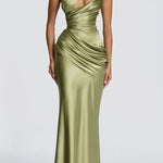 Emina Satin One Shoulder Asymmetrical Neck Cutout Back Lace-up Drape Maxi Dress
