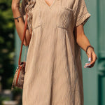 Loose Short Sleeves Pleated Solid Color Split-Joint V-Neck Mini Dresses
