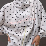 Kadence Polka Dot Zipper Lapel High Neck Drawstring Hem Sporty Jacket