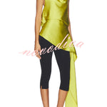 Misty Aura Satin Halter Tie-up Neck Open Back Drape Hem Top
