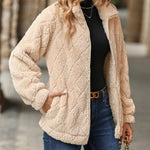 Zipper Plaid Fleece Pockets Women's Coat Cardigan