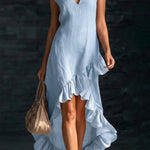 Linen Blend V-neck Sleeveless Ruffled Hem Casual Maxi Dress