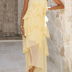 Solid Color Chiffon Halter Neck Elegant Ruffle Maxi Dress