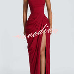 Cyra Back Lace-up Asymmetrical Pleats Strapless Slit Maxi Dress