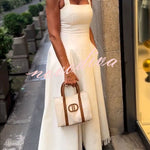Viki Linen Blend Square Neck Wide Strap Side Button Pocket Tassel Trim Midi Dress