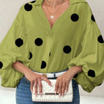 Stylish Polka Dot Print Collared Puff Sleeve Loose Shirt