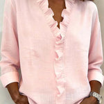 Solid Color Ruffled V-neck Long-sleeved Loose Casual Shirt