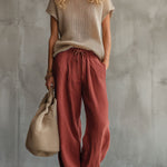 Retro Short-sleeved Knit Top And Brick Red Cotton Linen Wide-leg Pants Set