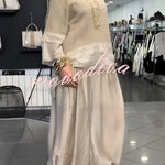 Lucy Knit Cutout Layered Design Half Sleeve Top and Satin Elastic Waist Pocketed Lantern Pants Set