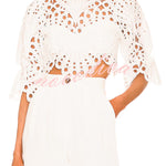 Fiji Embroidered Cutout Scallop Pattern High Neck Half Puff Sleeve Crop Top