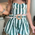 Claudine Striped Heart-shaped Smocked Tank and Raffia Buckle Belted Pocket Bubble Shorts Set