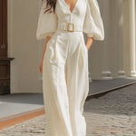 White V-neck lantern sleeve wide-leg jumpsuit（Includes belt）