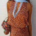 Stunning Fawn Print Contrast Color Satin Lace Trim Neck Strap Loose Tank