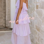 Solid Color Chiffon Halter Neck Elegant Ruffle Maxi Dress