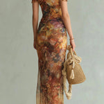 Floral Print Short-sleeved Square Neck Ruffled Elegant Slit Maxi Dress