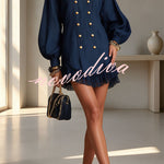 Stand Collar Double Gold Buttons Long Lantern Sleeve Lace Hem Loose Mini Dress